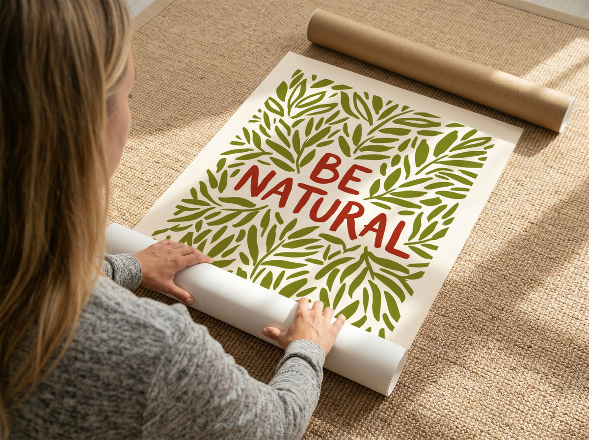 Motivational poster with Be Natural text surrounded by hand-drawn olive green leaf illustrations.