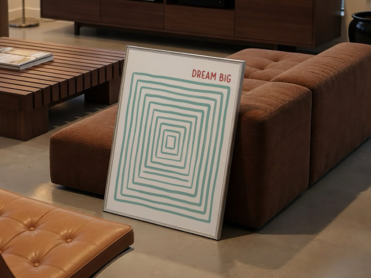 Motivational poster featuring the text Dream Big with concentric sage green rectangular lines.