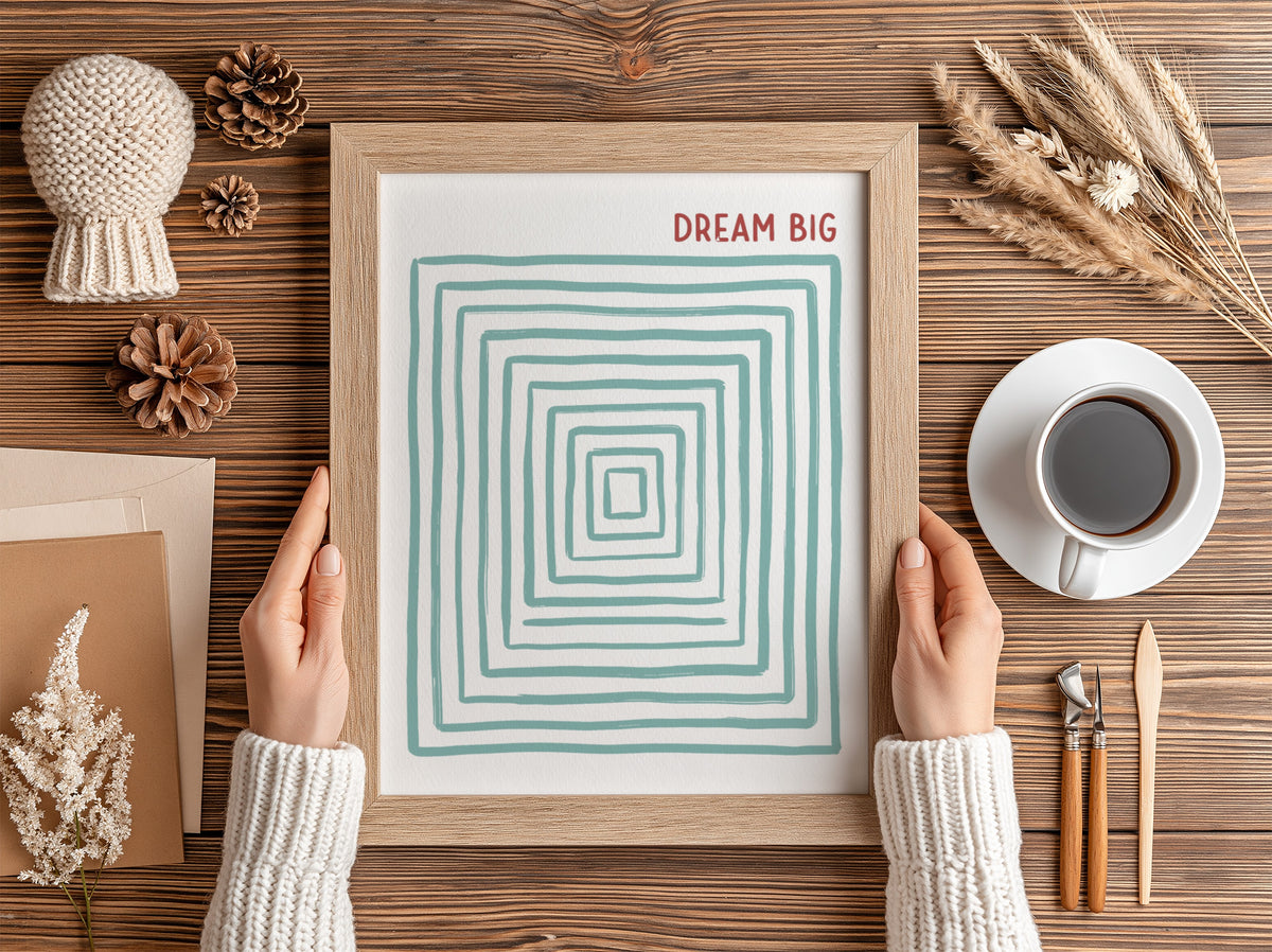 Motivational poster featuring the text Dream Big with concentric sage green rectangular lines.