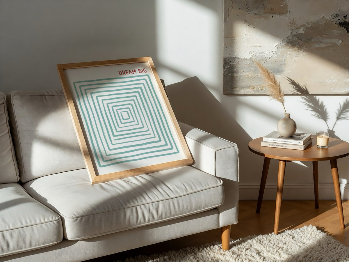 Motivational poster featuring the text Dream Big with concentric sage green rectangular lines.