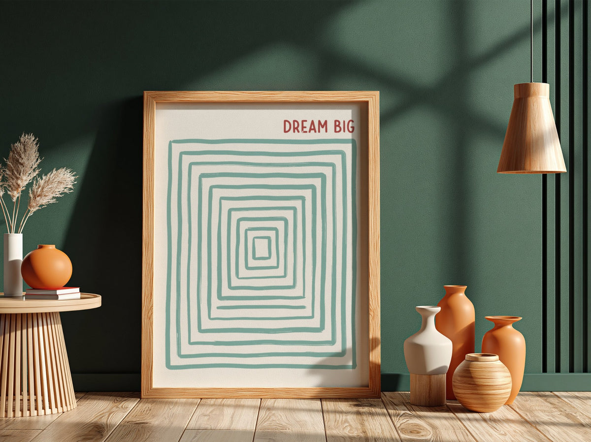 Motivational poster featuring the text Dream Big with concentric sage green rectangular lines.