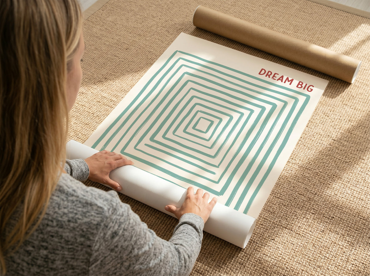 Motivational poster featuring the text Dream Big with concentric sage green rectangular lines.