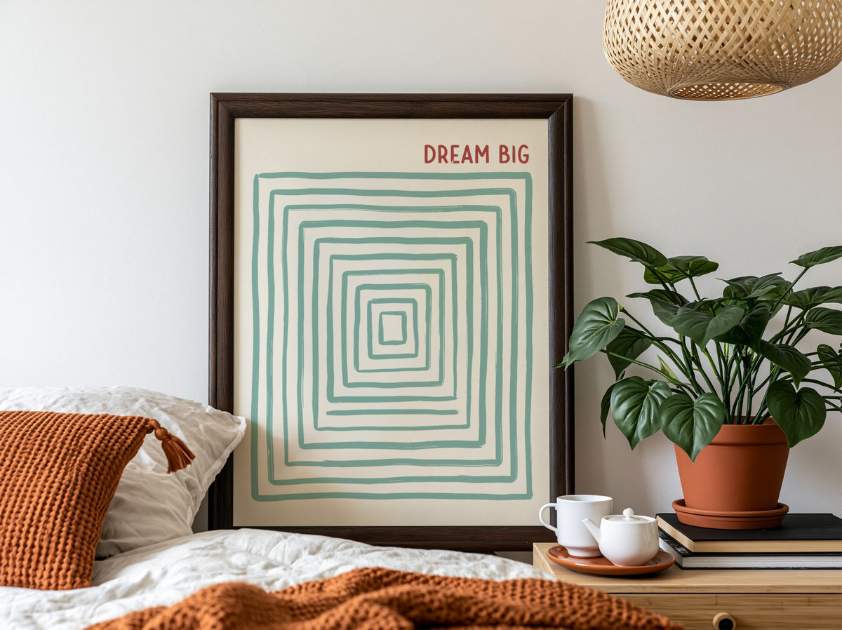 Motivational poster featuring the text Dream Big with concentric sage green rectangular lines.