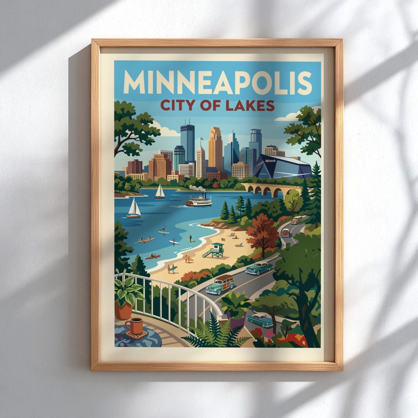 Vintage style Minneapolis cityscape poster with lake, beach, and retro cars. Features a warm color palette.