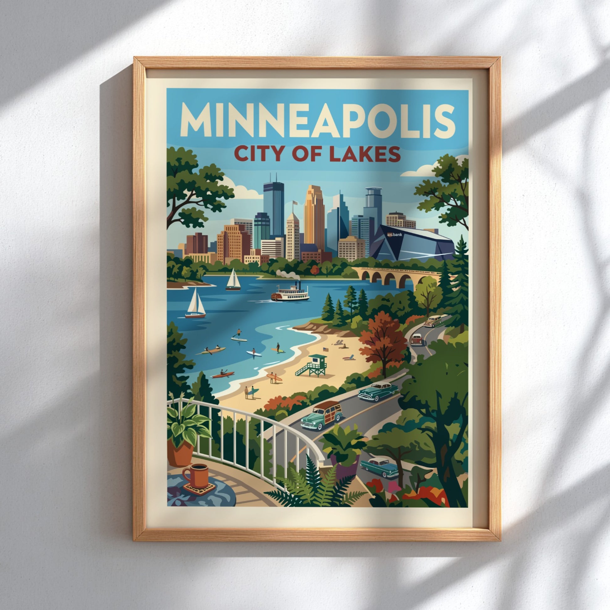 Vintage style Minneapolis cityscape poster with lake, beach, and retro cars. Features a warm color palette.