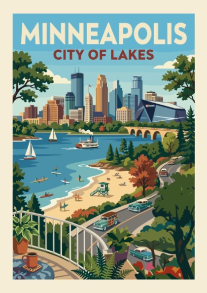 Vintage style Minneapolis cityscape poster with lake, beach, and retro cars. Features a warm color palette.