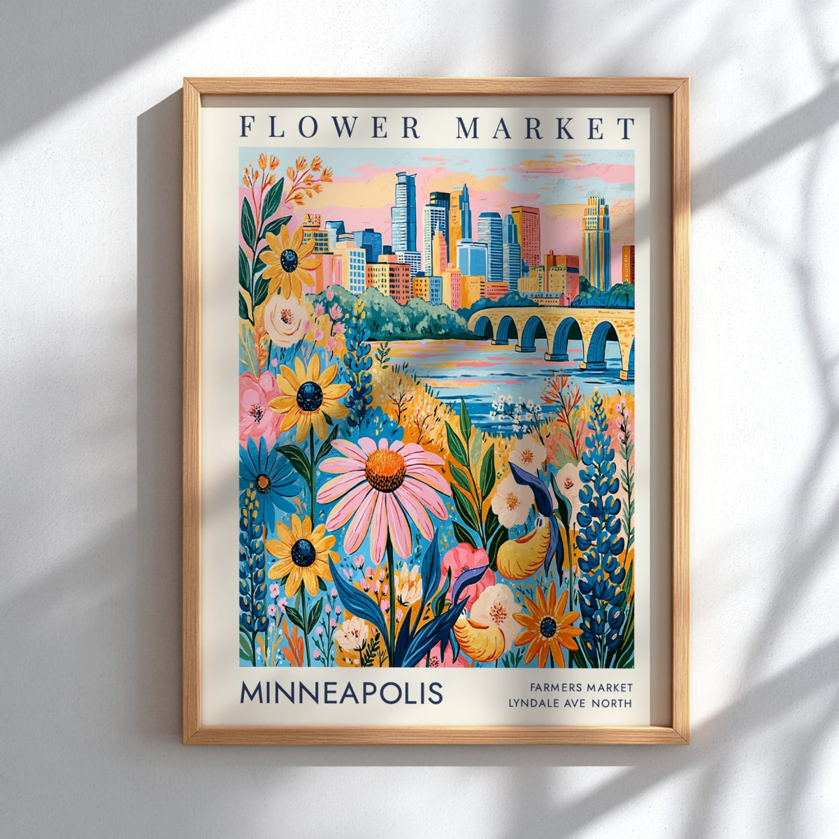 Flower market poster featuring colorful blooms and Minneapolis skyline in vibrant colors