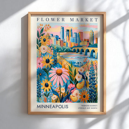 Flower market poster featuring colorful blooms and Minneapolis skyline in vibrant colors