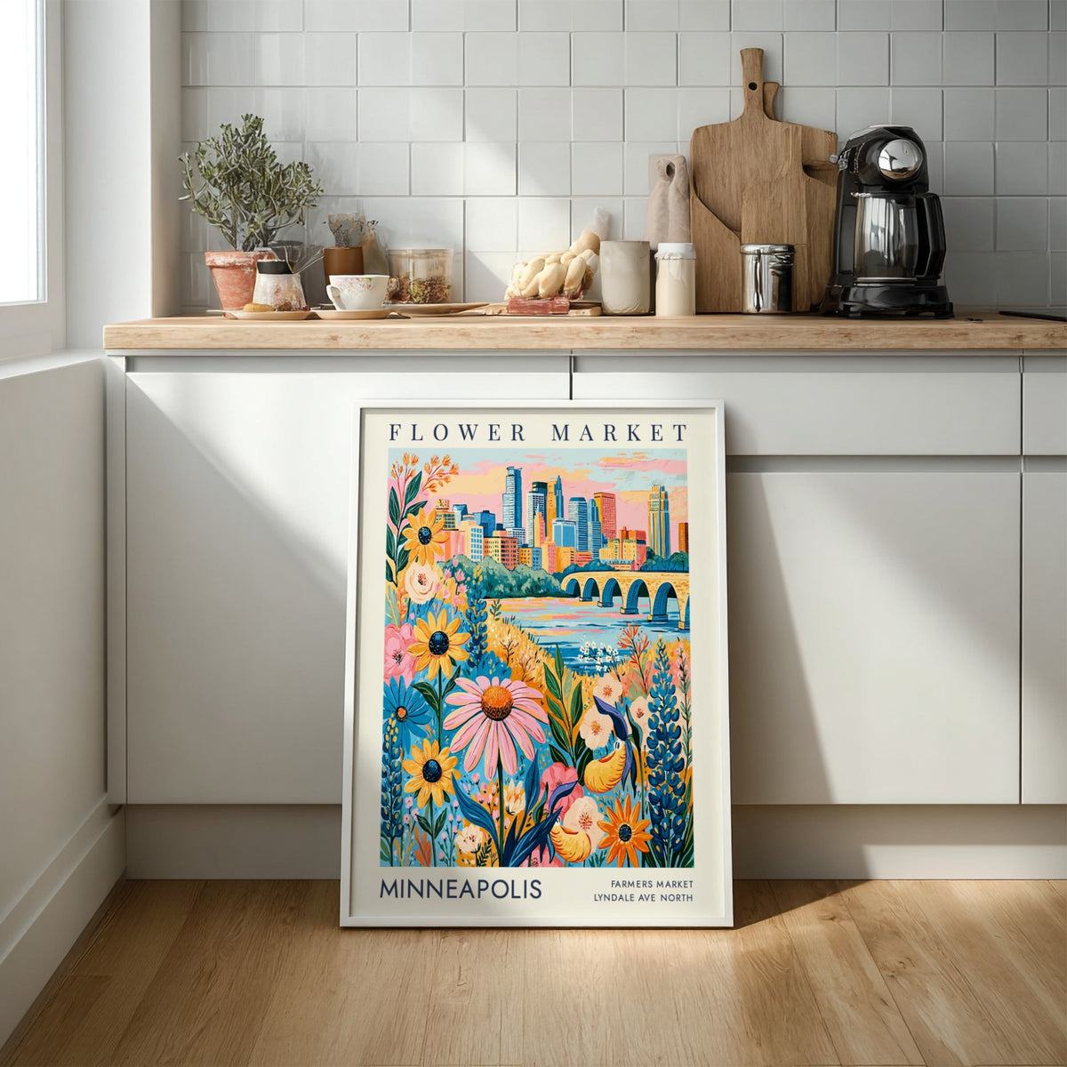 Flower market poster featuring colorful blooms and Minneapolis skyline in vibrant colors
