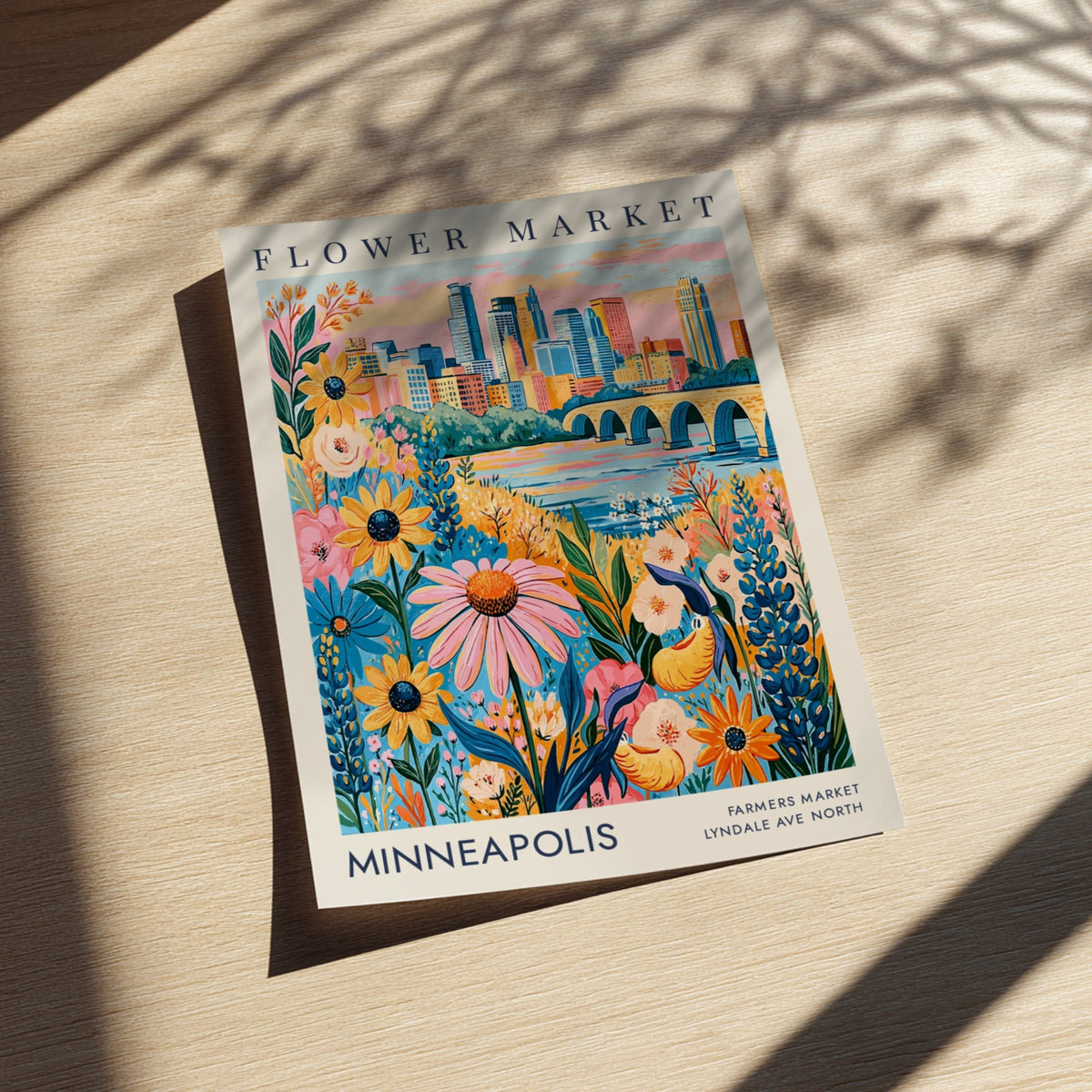 Flower market poster featuring colorful blooms and Minneapolis skyline in vibrant colors