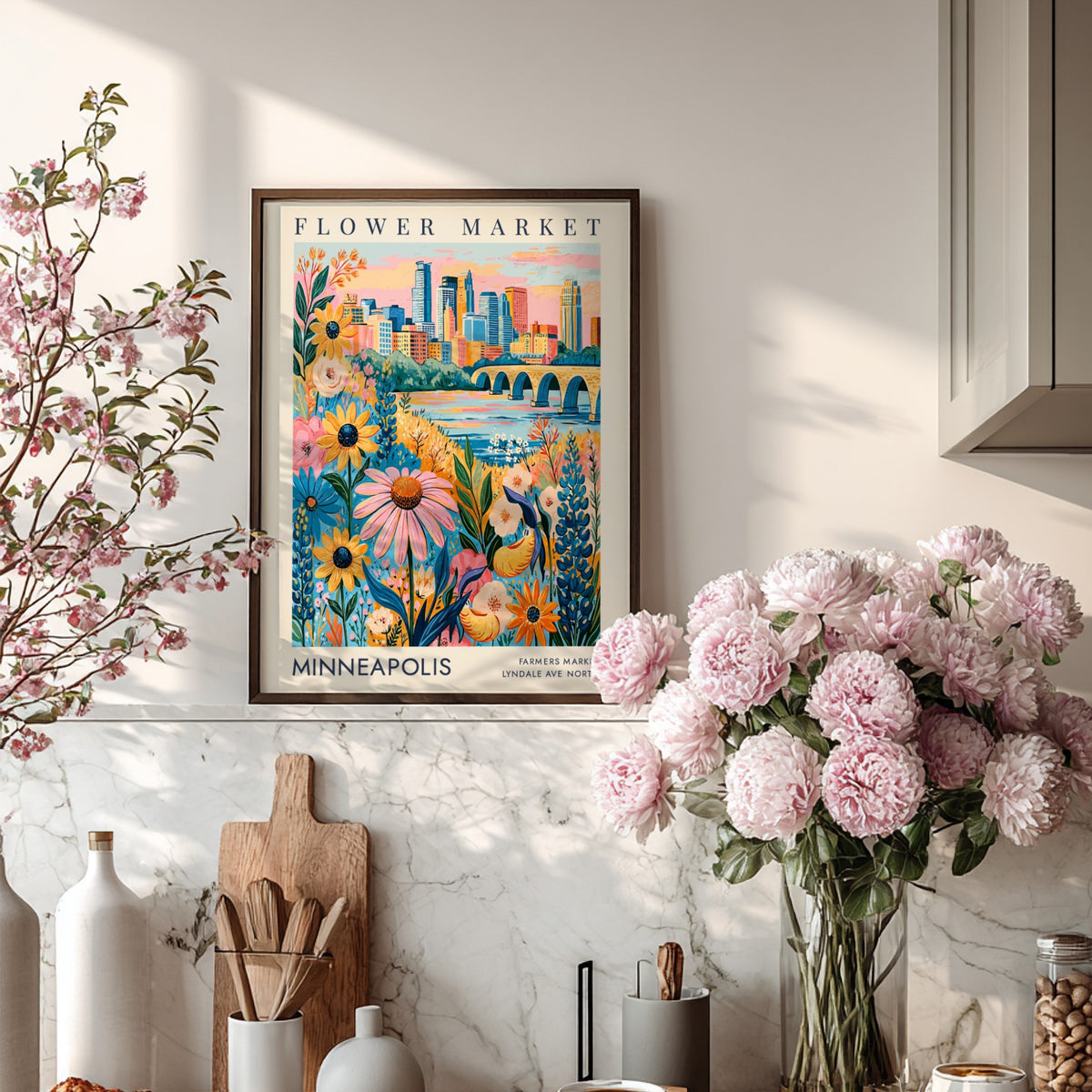Flower market poster featuring colorful blooms and Minneapolis skyline in vibrant colors