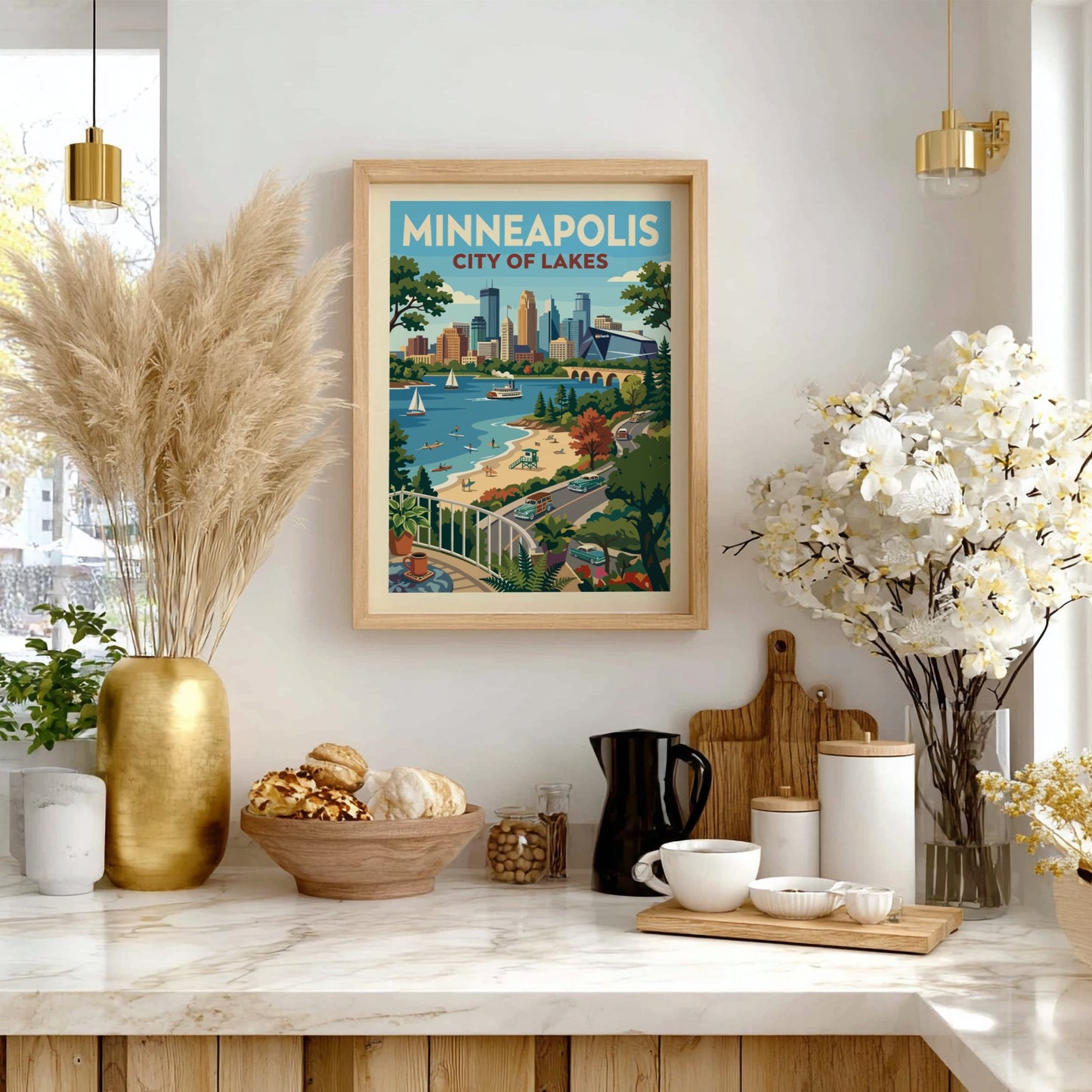 Vintage style Minneapolis cityscape poster with lake, beach, and retro cars. Features a warm color palette.