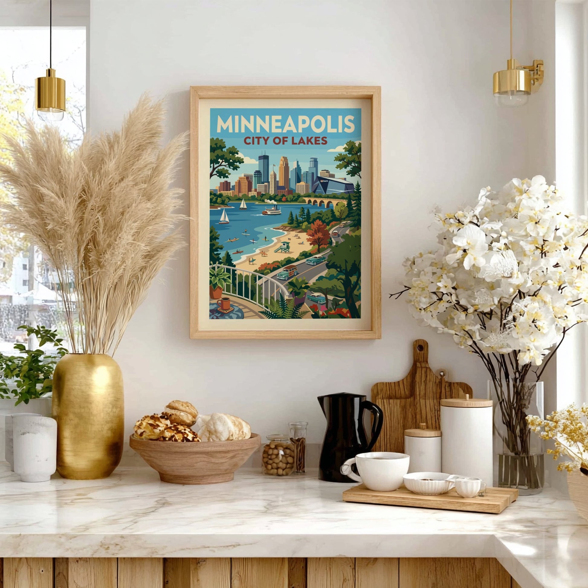 Vintage style Minneapolis cityscape poster with lake, beach, and retro cars. Features a warm color palette.