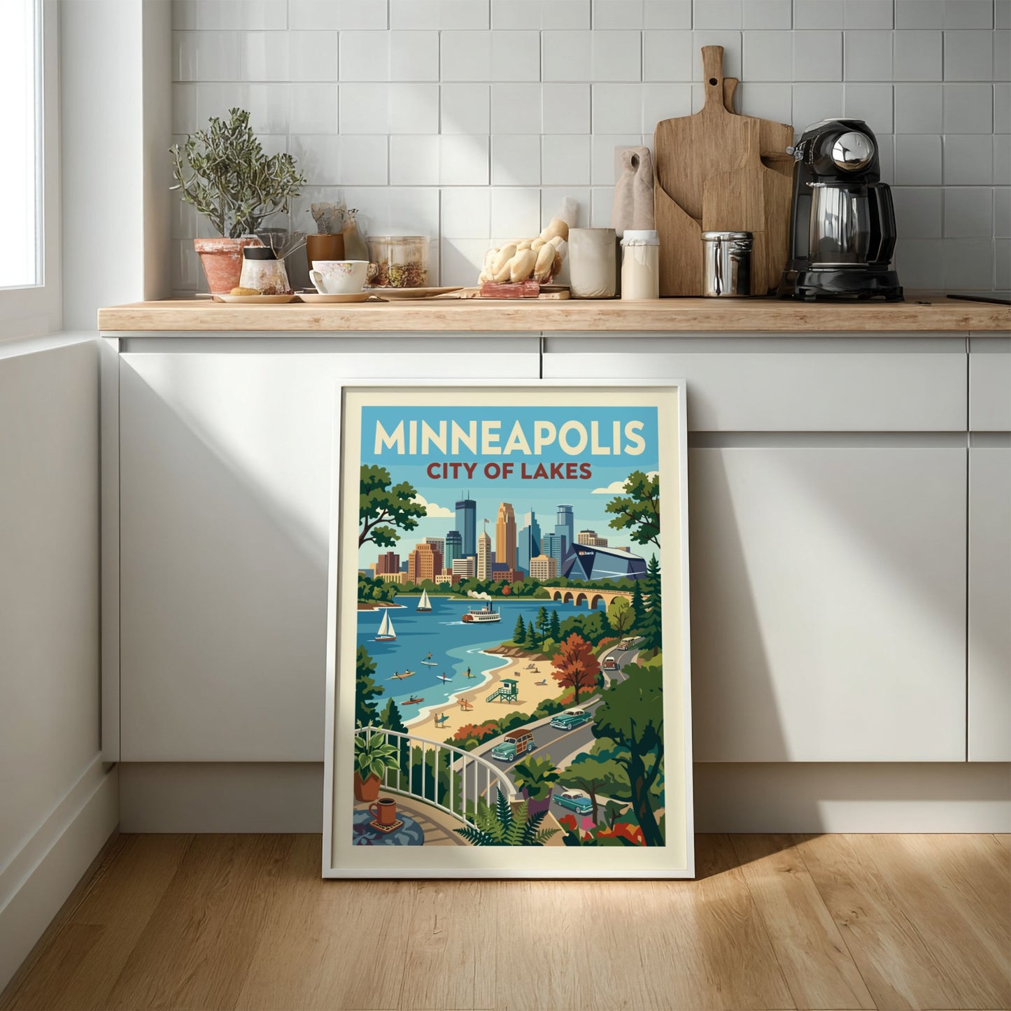 Vintage style Minneapolis cityscape poster with lake, beach, and retro cars. Features a warm color palette.