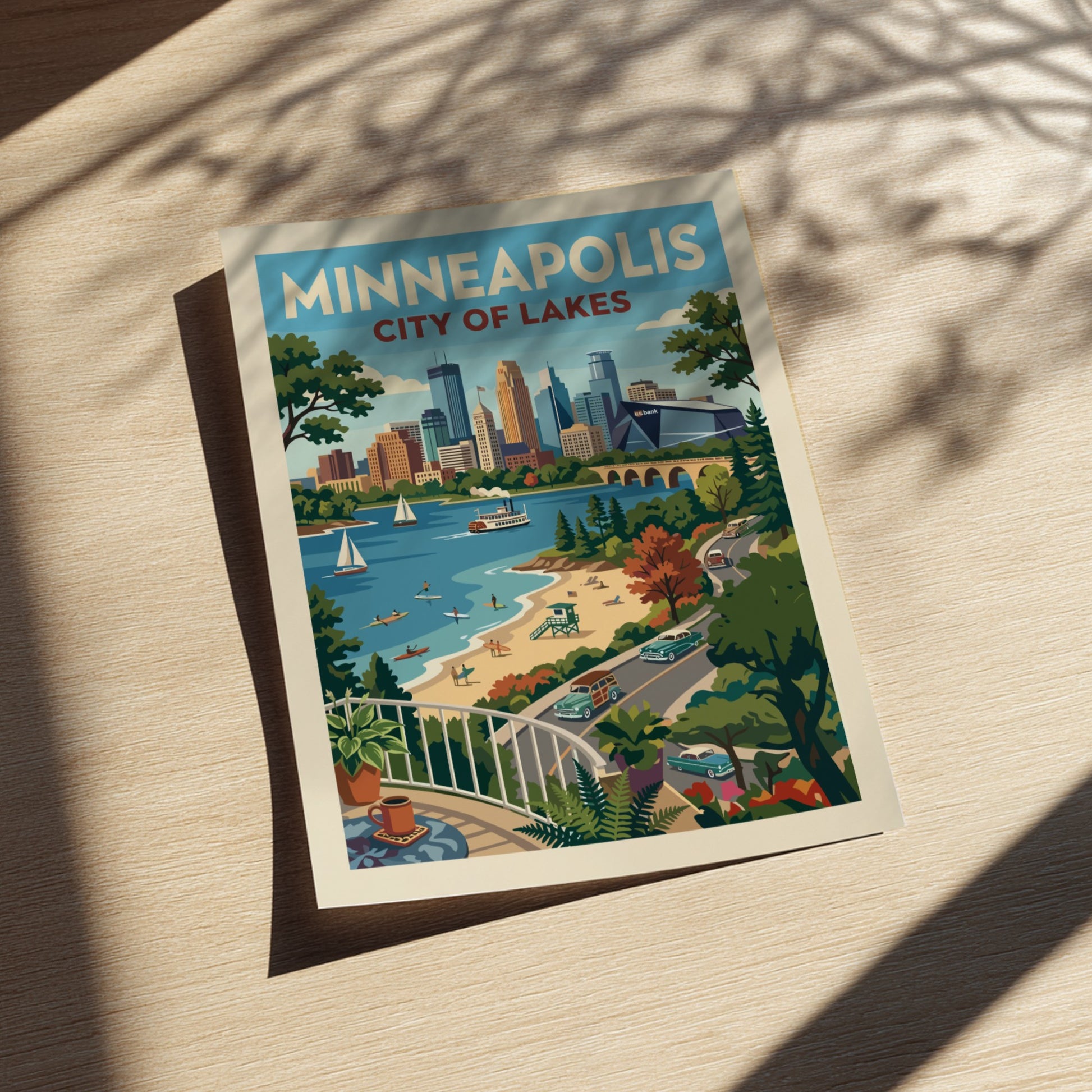Vintage style Minneapolis cityscape poster with lake, beach, and retro cars. Features a warm color palette.