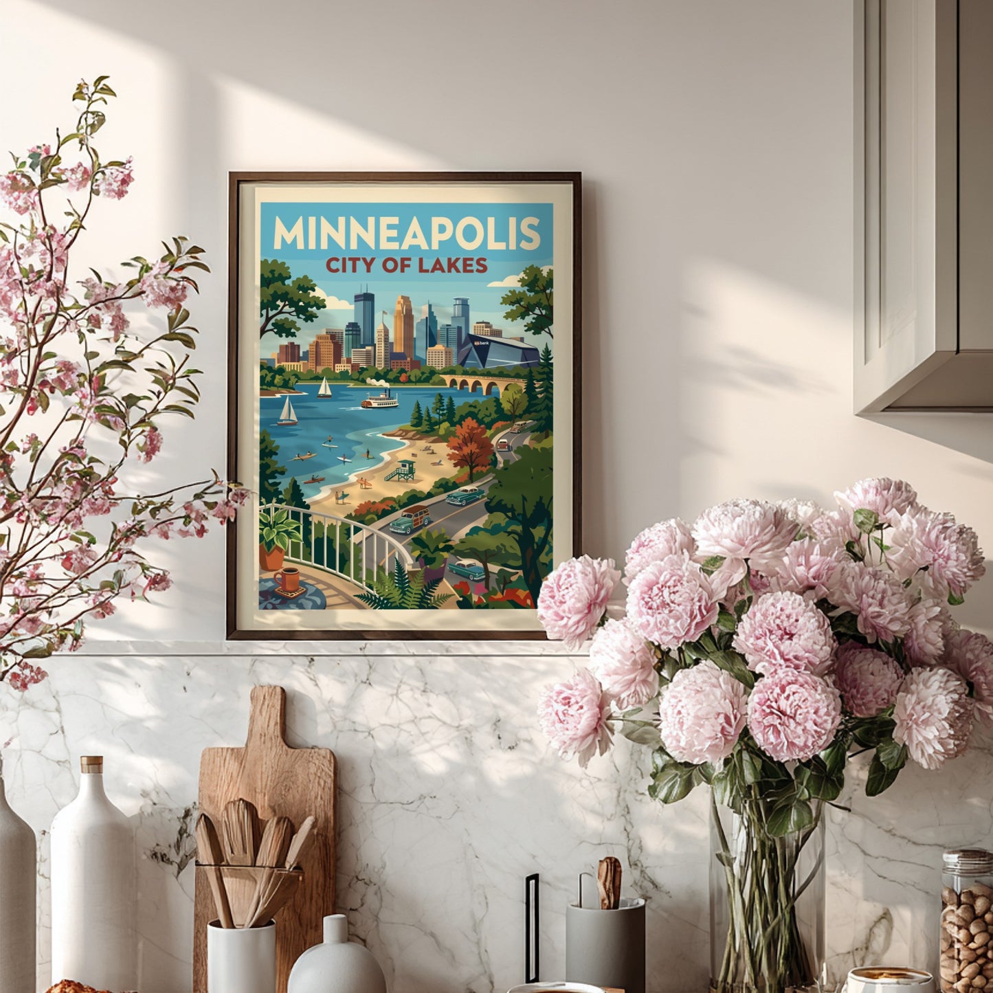 Vintage style Minneapolis cityscape poster with lake, beach, and retro cars. Features a warm color palette.