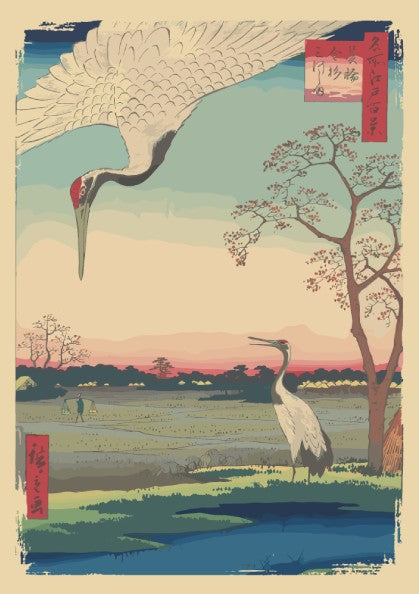 Japanese art poster of two cranes in a field at sunset, Ukiyo-e style, soft color palette.