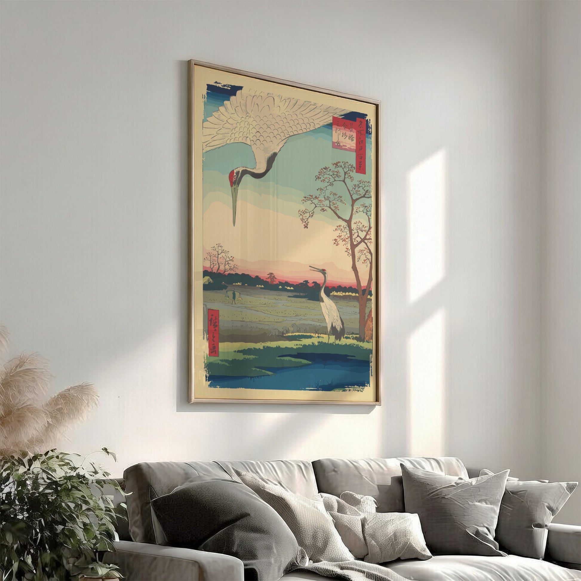 Japanese art poster of two cranes in a field at sunset, Ukiyo-e style, soft color palette.