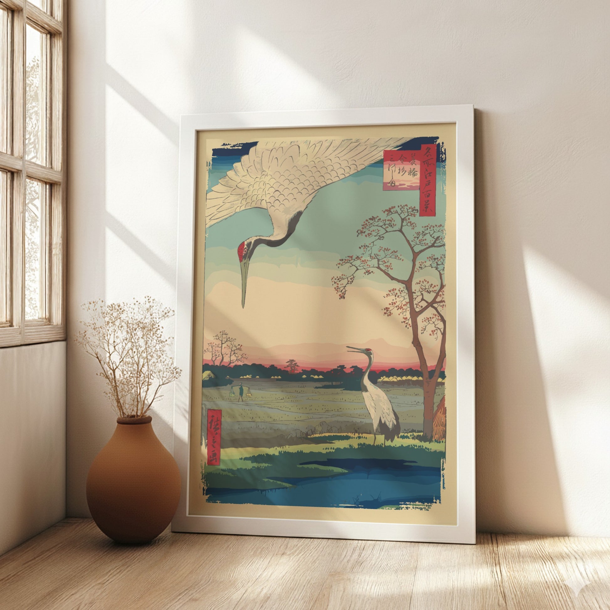 Japanese art poster of two cranes in a field at sunset, Ukiyo-e style, soft color palette.
