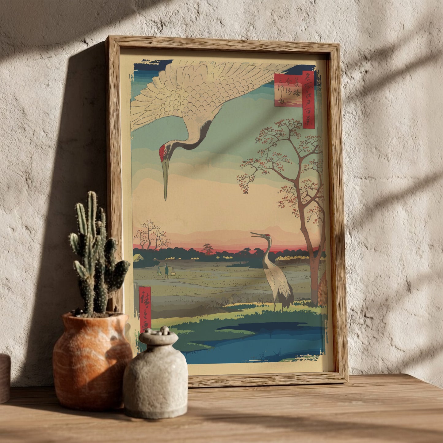 Japanese art poster of two cranes in a field at sunset, Ukiyo-e style, soft color palette.