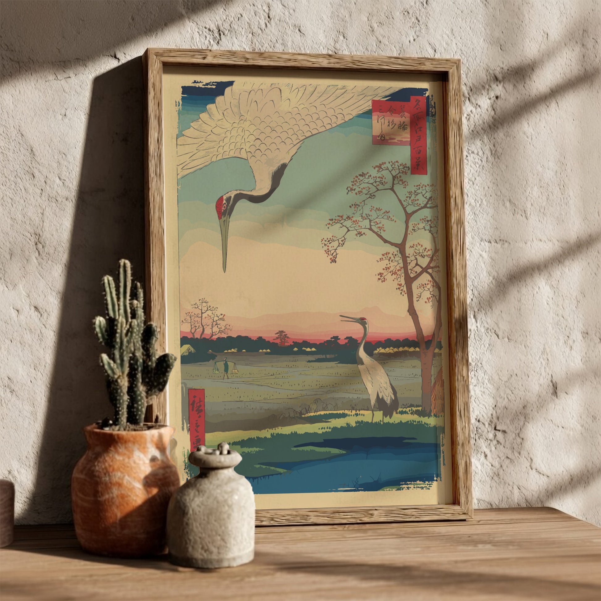 Japanese art poster of two cranes in a field at sunset, Ukiyo-e style, soft color palette.