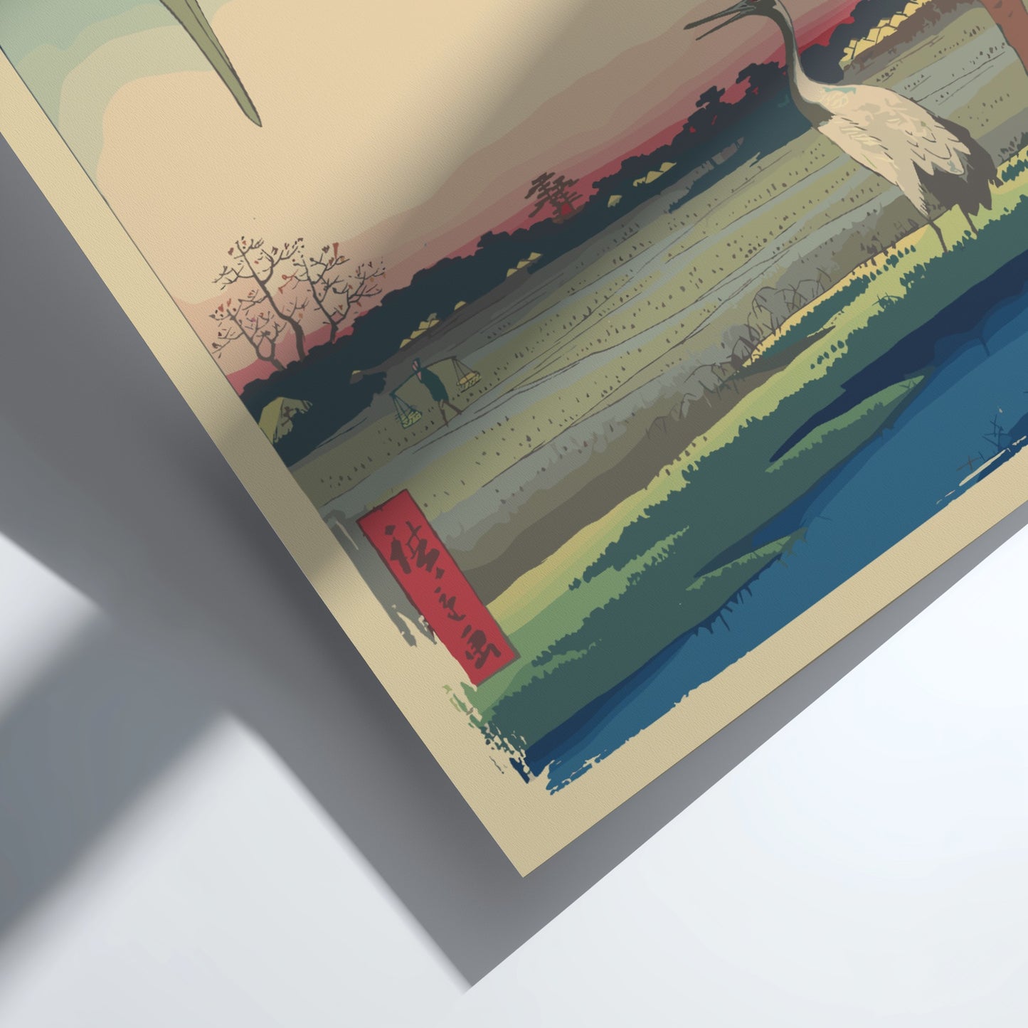 Japanese art poster of two cranes in a field at sunset, Ukiyo-e style, soft color palette.