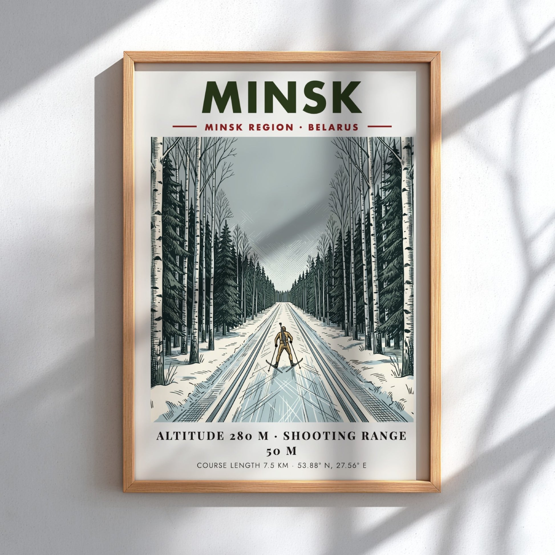 Poster featuring a biathlete skiing through a snowy Minsk forest in winter colours.
