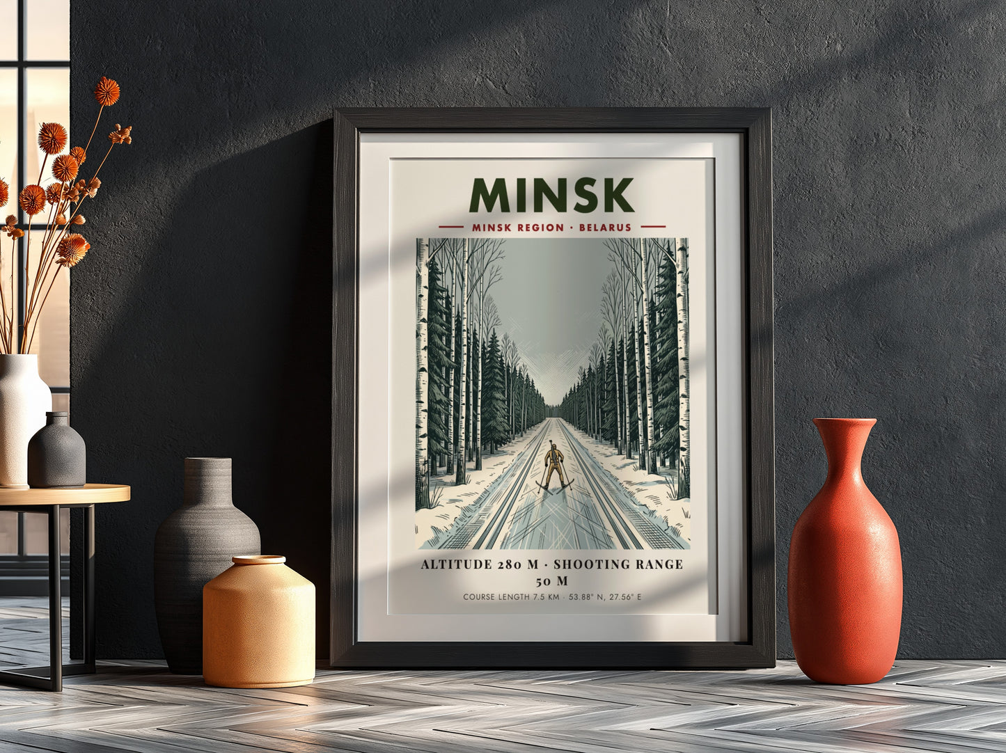 Poster featuring a biathlete skiing through a snowy Minsk forest in winter colours.