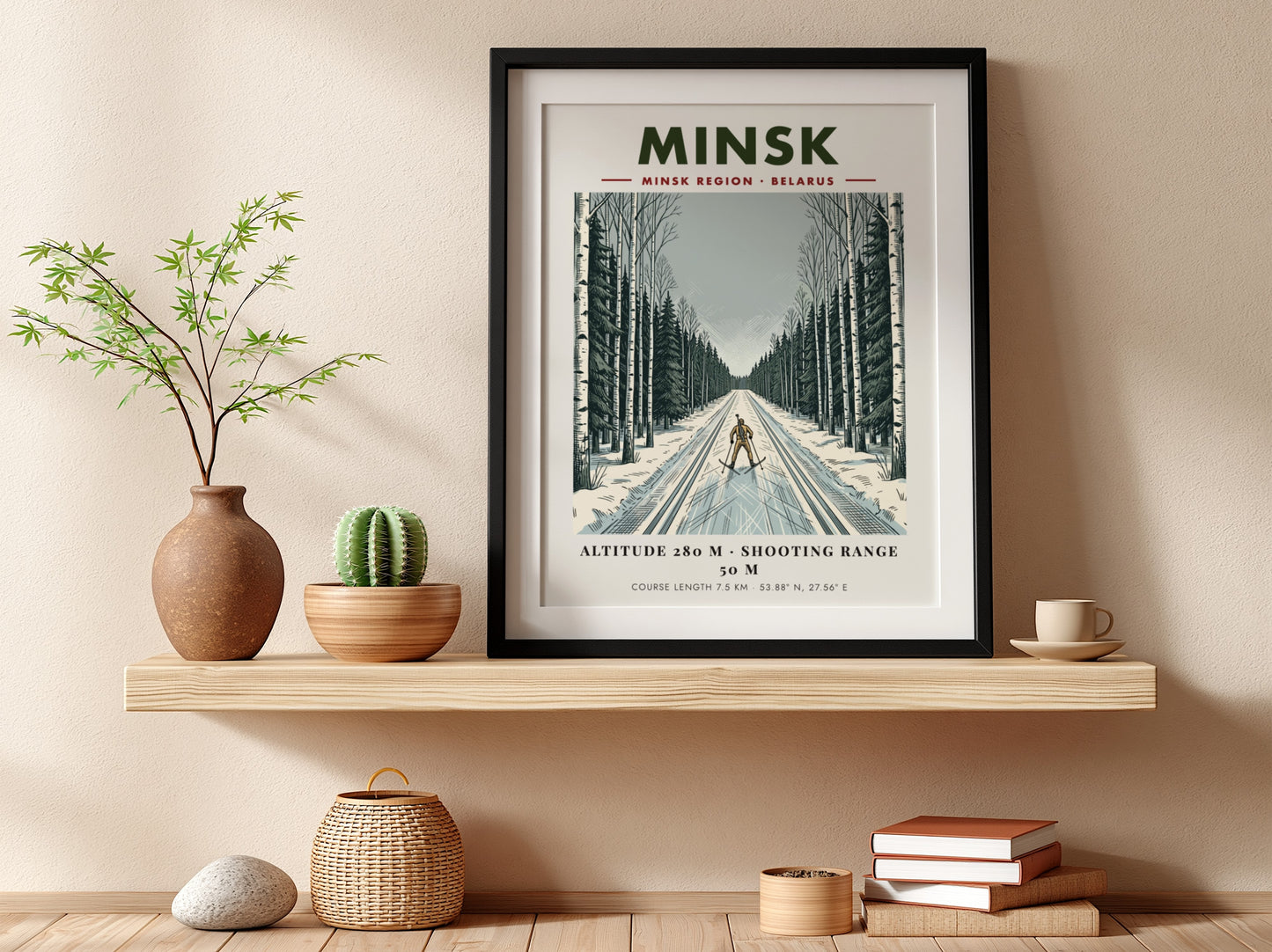 Poster featuring a biathlete skiing through a snowy Minsk forest in winter colours.