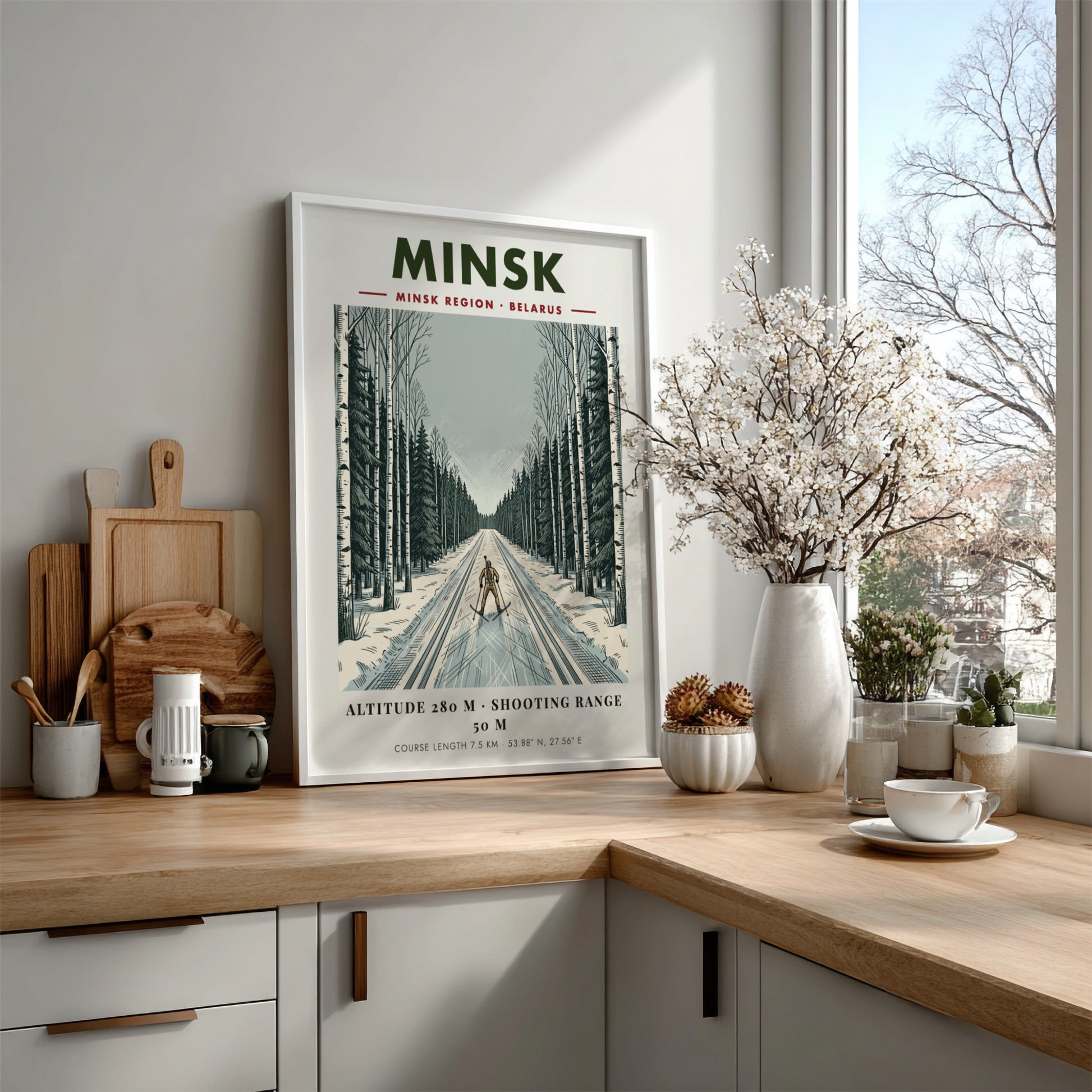Poster featuring a biathlete skiing through a snowy Minsk forest in winter colours.