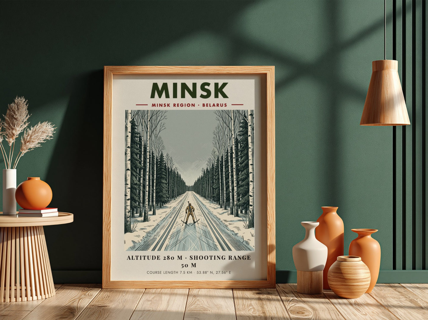 Poster featuring a biathlete skiing through a snowy Minsk forest in winter colours.