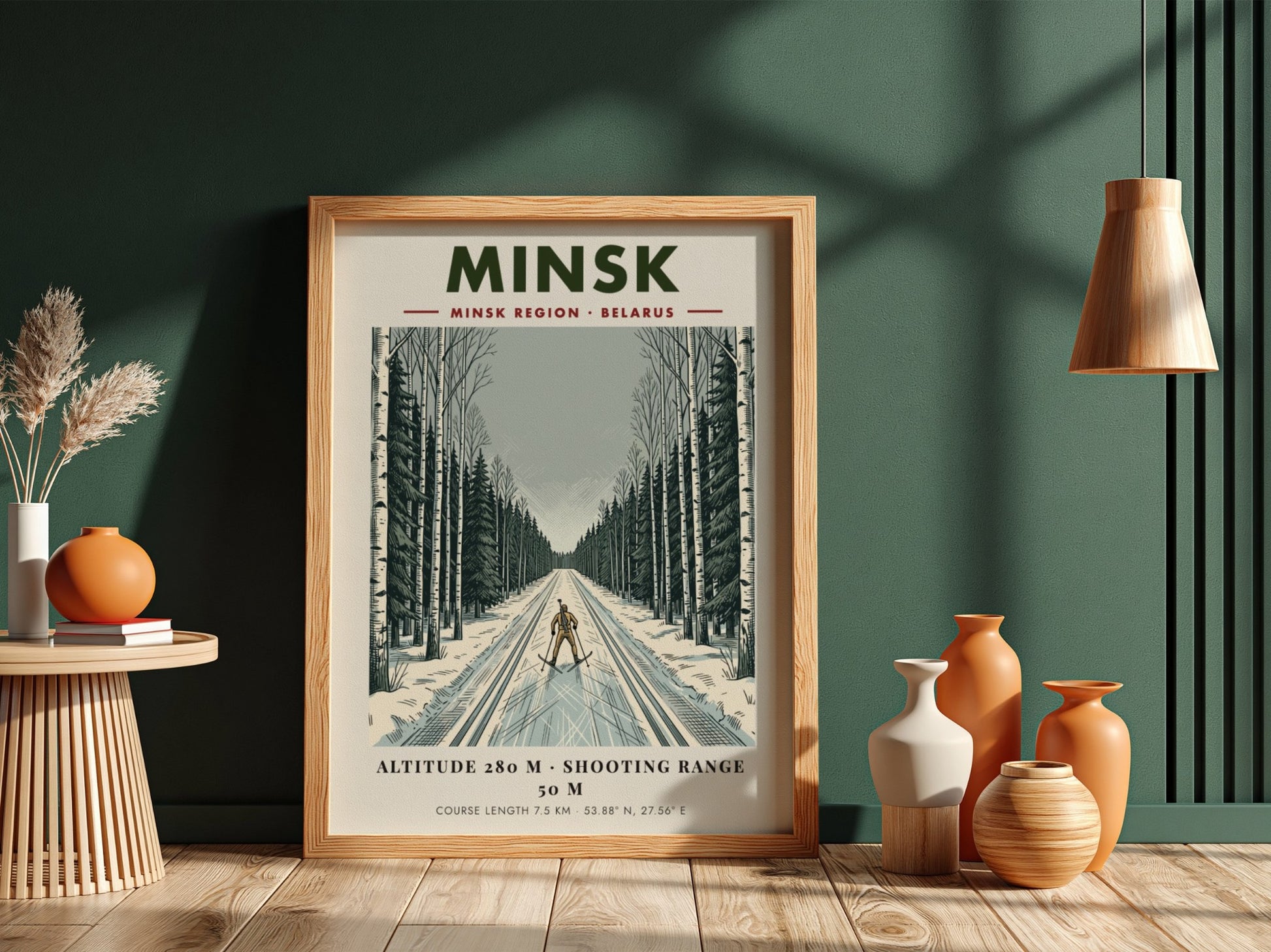 Poster featuring a biathlete skiing through a snowy Minsk forest in winter colours.