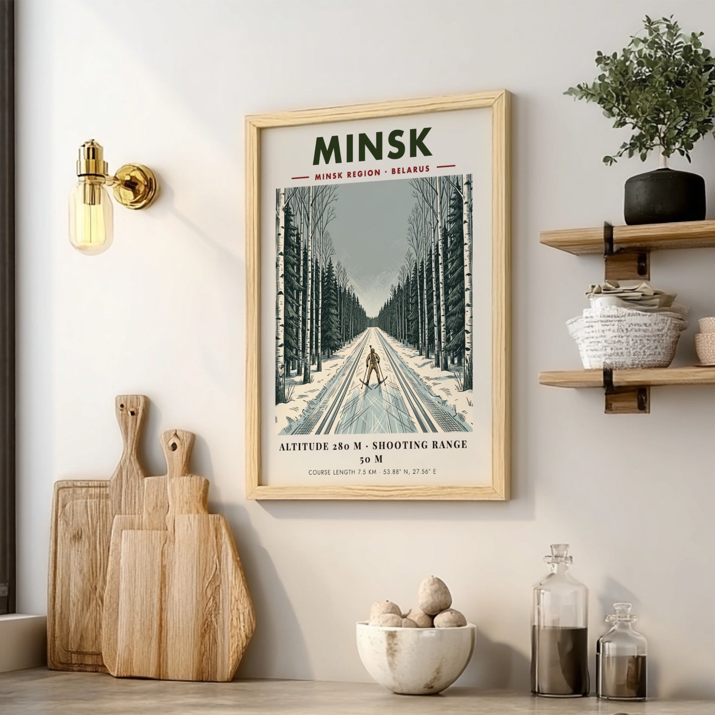 Poster featuring a biathlete skiing through a snowy Minsk forest in winter colours.