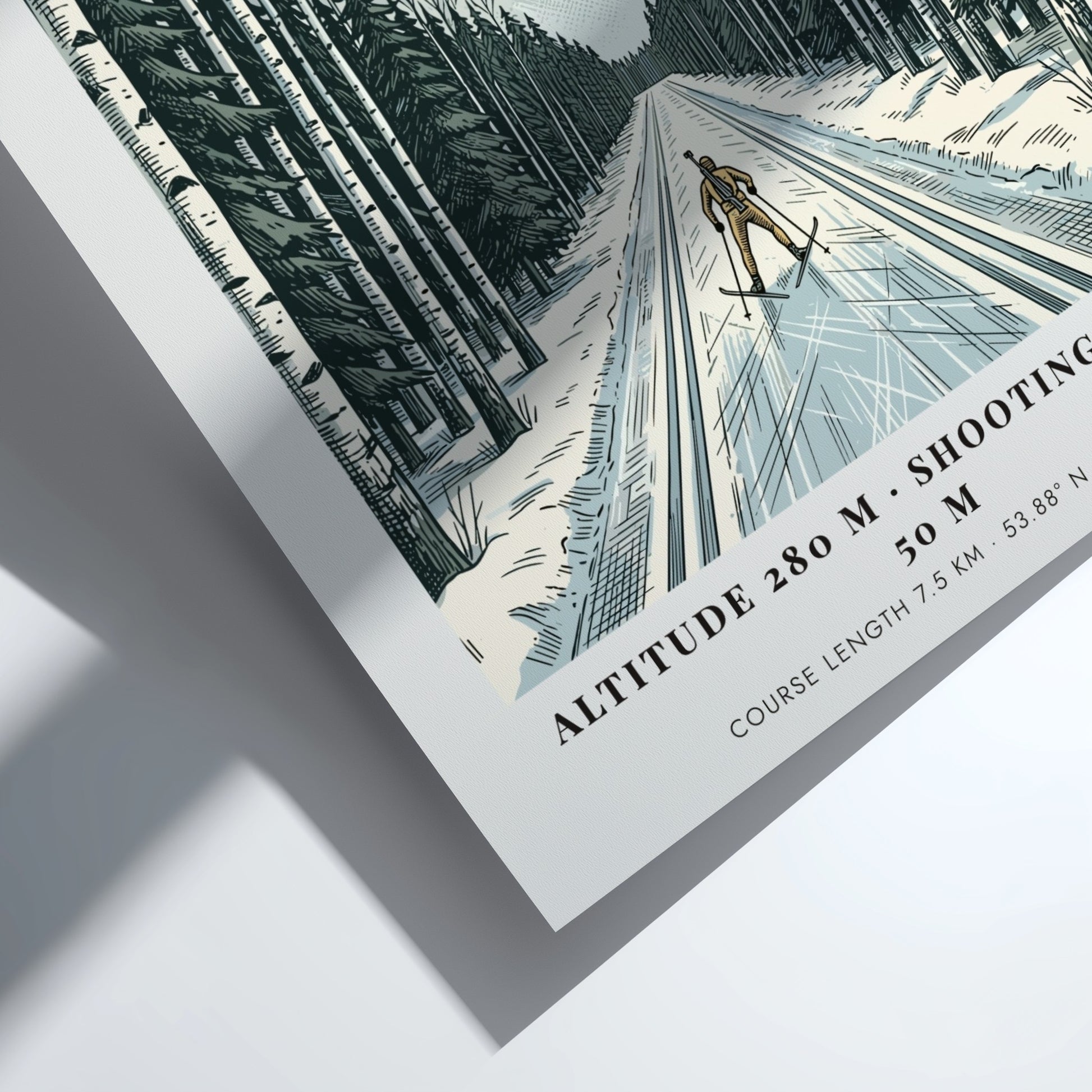 Poster featuring a biathlete skiing through a snowy Minsk forest in winter colours.