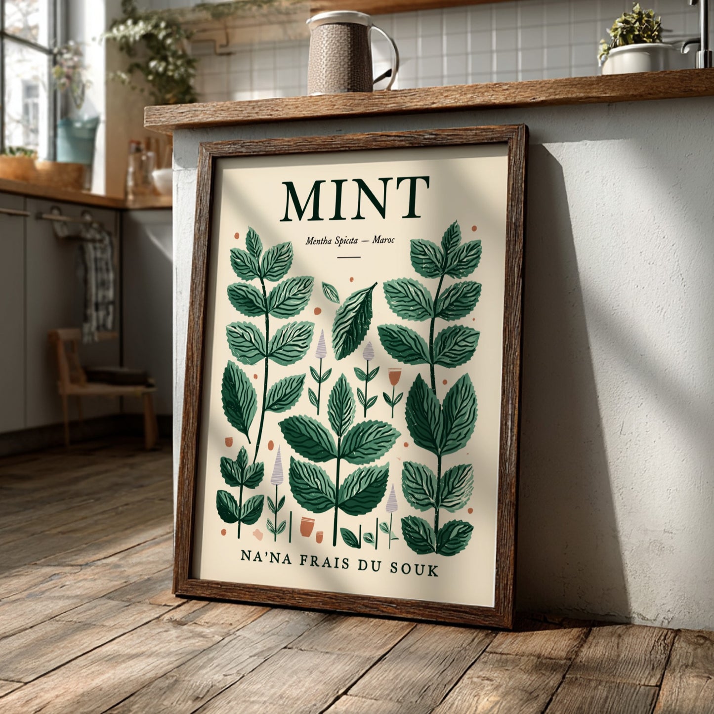 Mint kitchen poster featuring green leaves on beige background, botanical style for home decor
