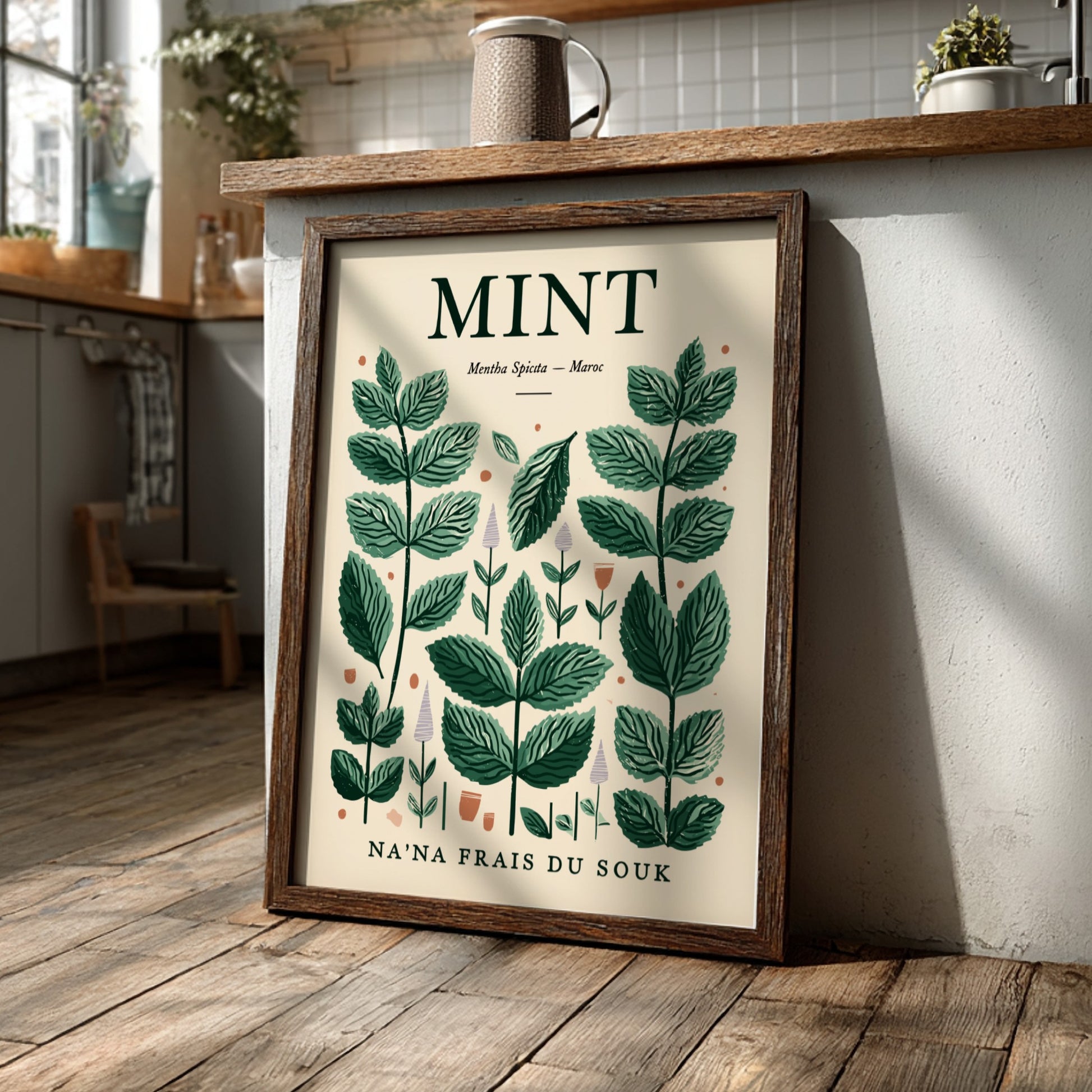 Mint kitchen poster featuring green leaves on beige background, botanical style for home decor