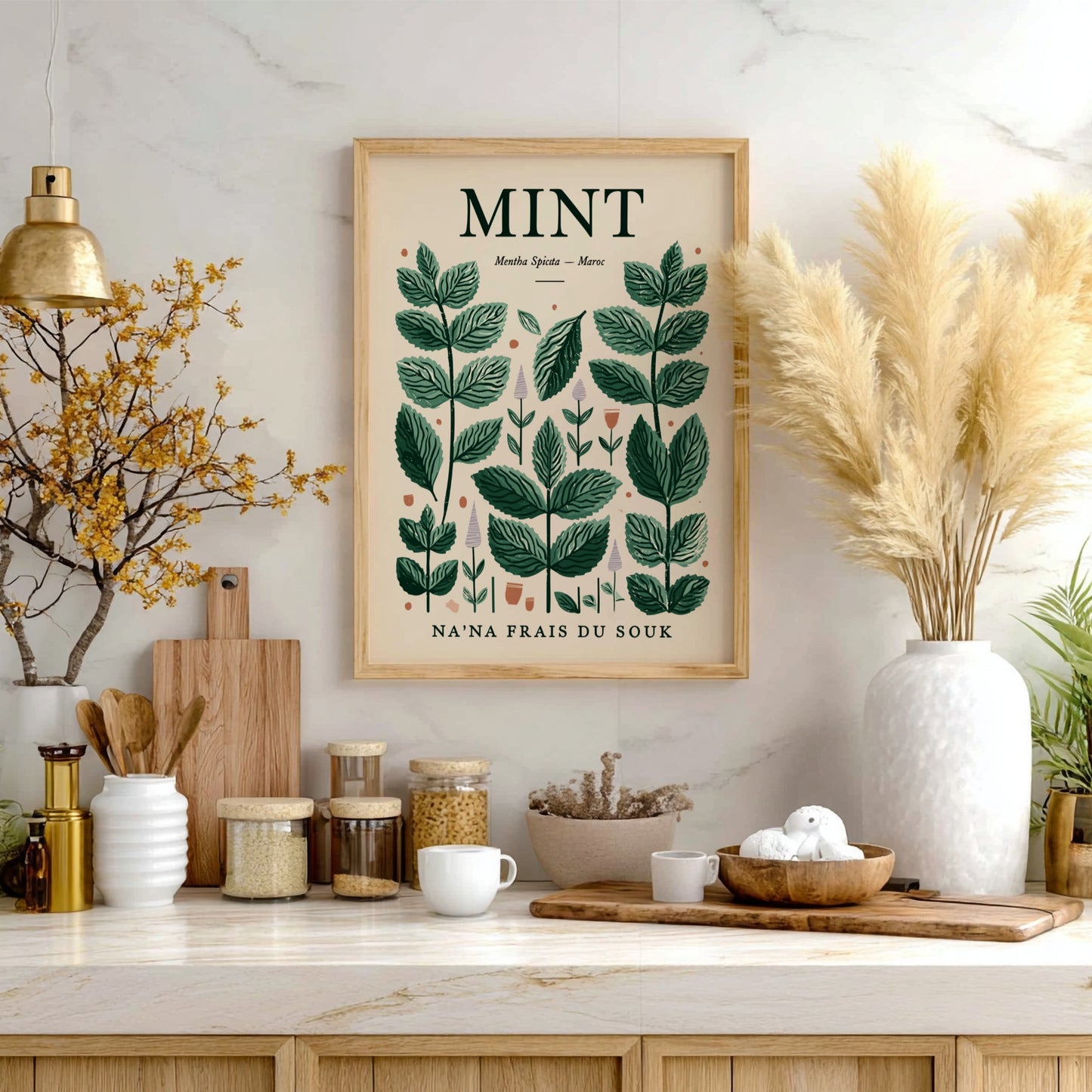 Mint kitchen poster featuring green leaves on beige background, botanical style for home decor