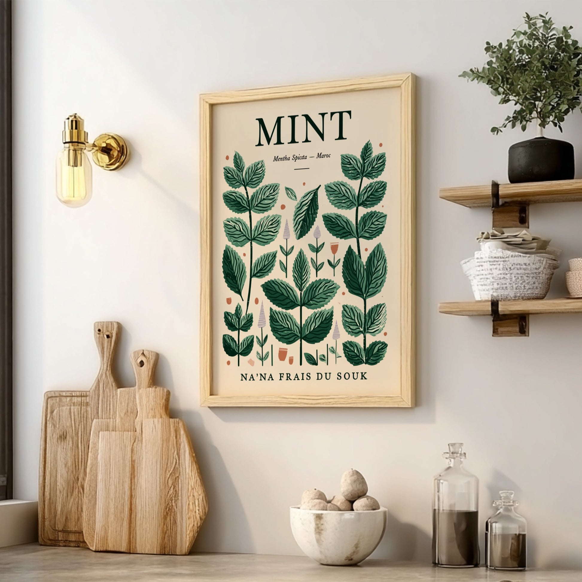 Mint kitchen poster featuring green leaves on beige background, botanical style for home decor