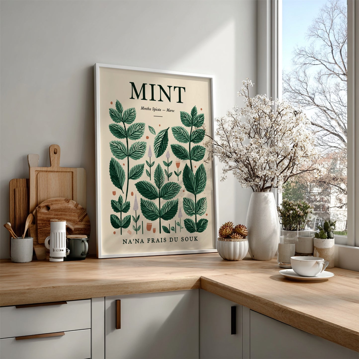 Mint kitchen poster featuring green leaves on beige background, botanical style for home decor