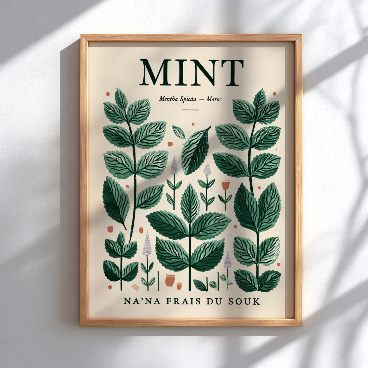 Mint kitchen poster featuring green leaves on beige background, botanical style for home decor