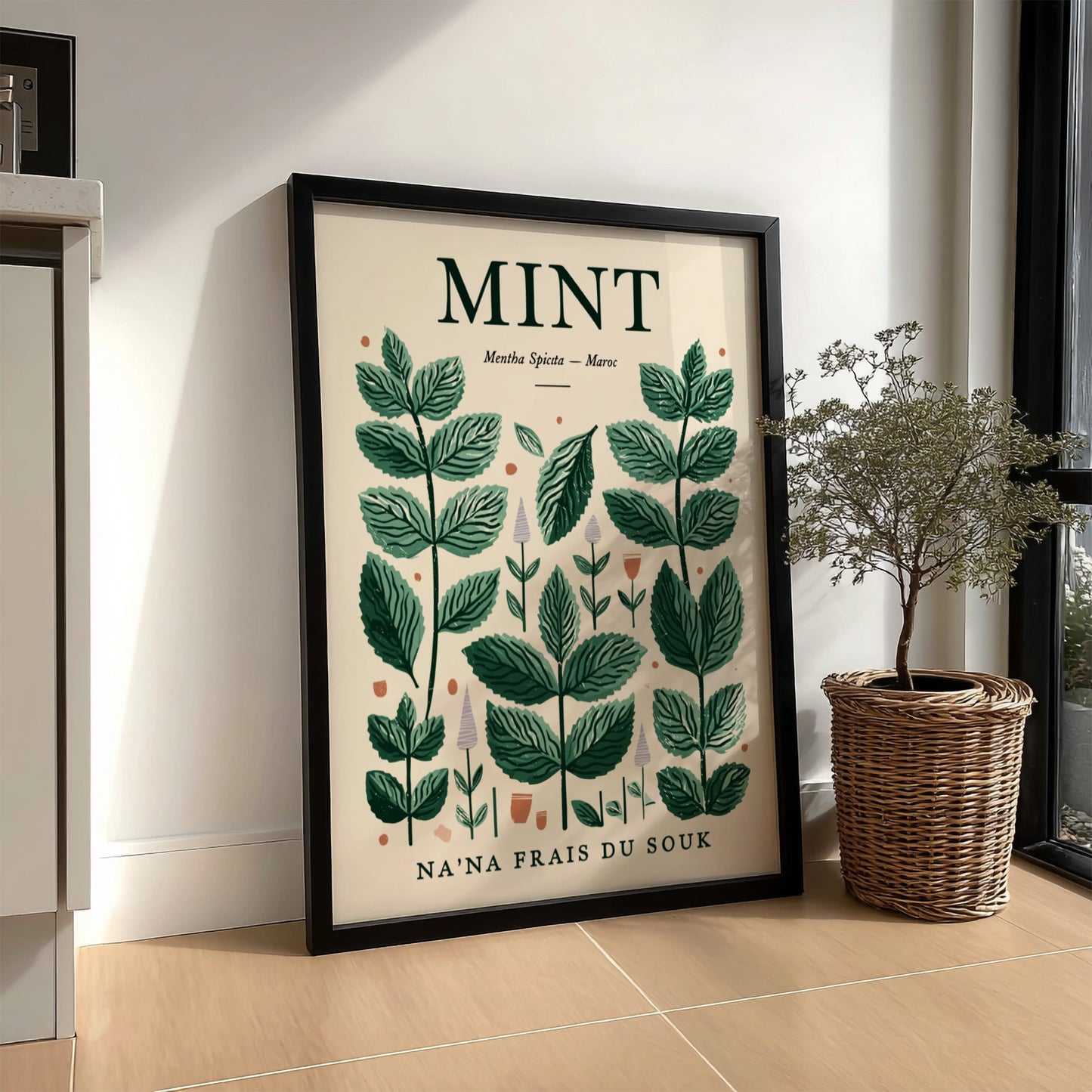 Mint kitchen poster featuring green leaves on beige background, botanical style for home decor