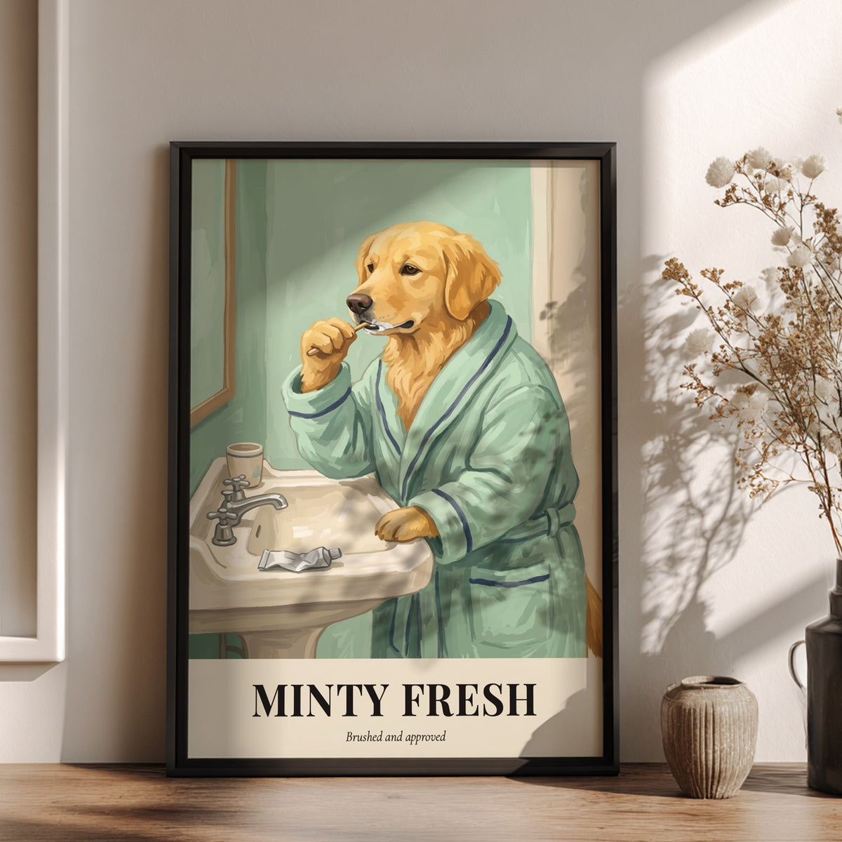 Poster of a golden retriever wearing a green bathrobe brushing teeth at a sink