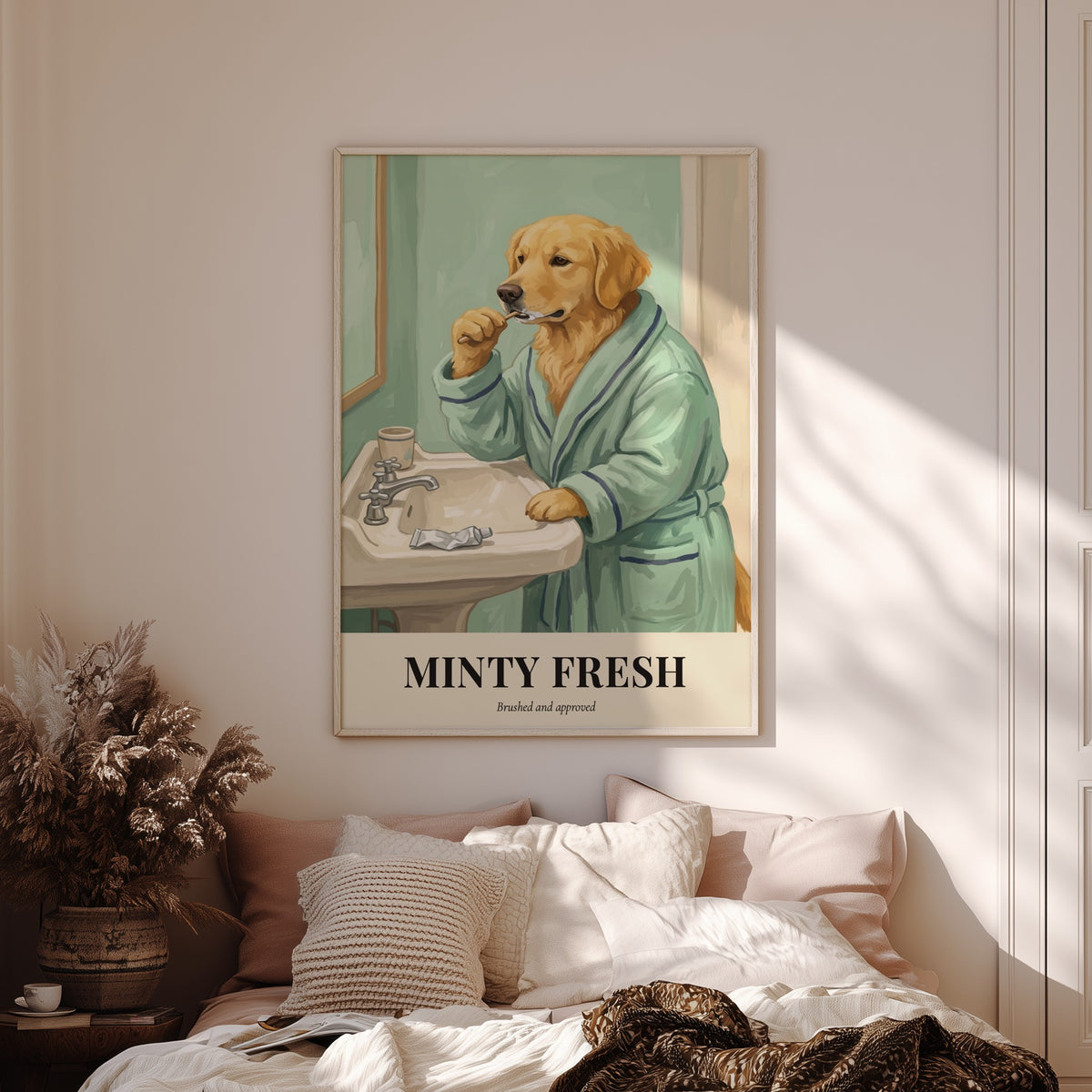 Poster of a golden retriever wearing a green bathrobe brushing teeth at a sink