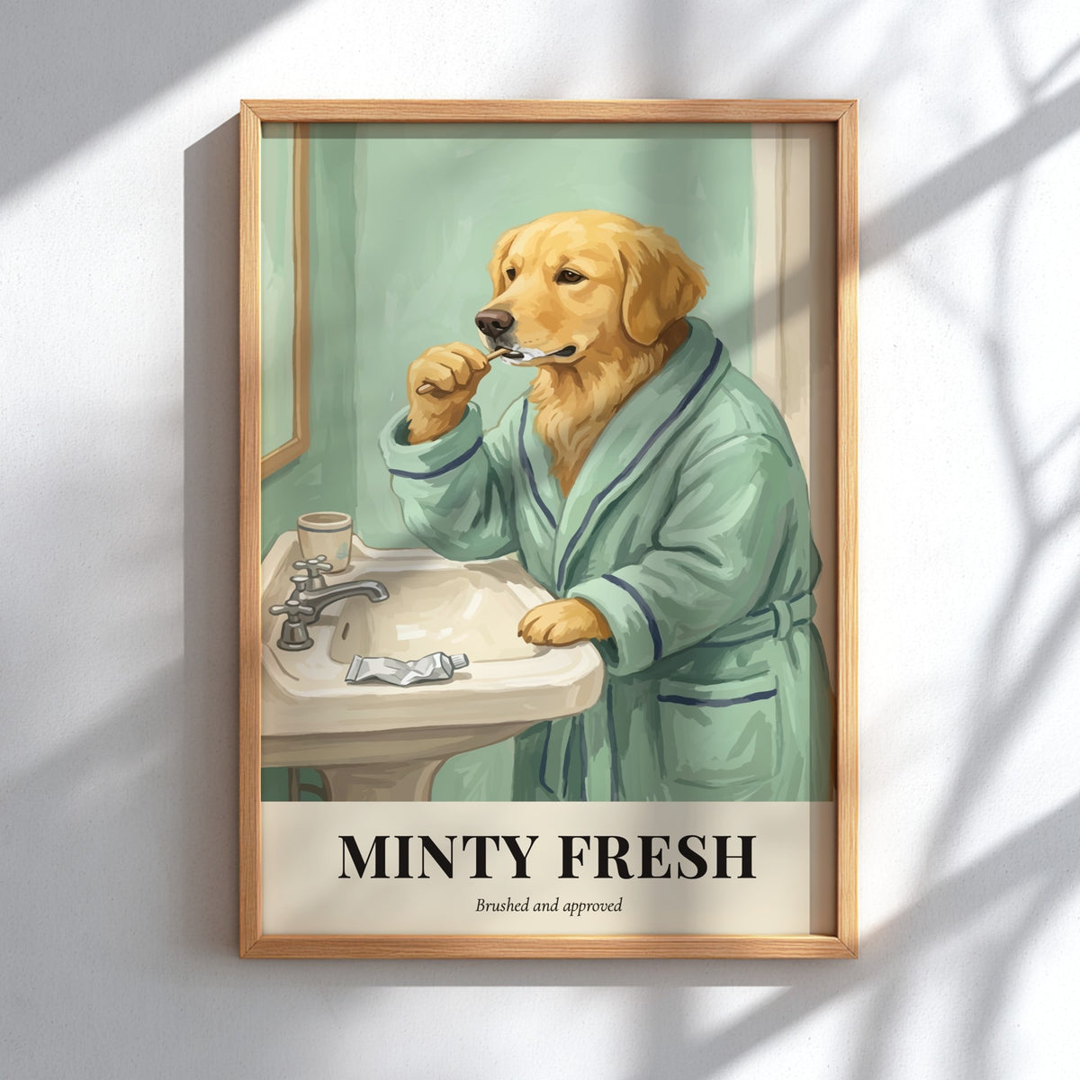 Poster of a golden retriever wearing a green bathrobe brushing teeth at a sink