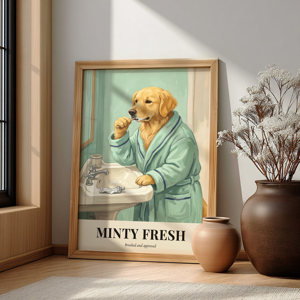 Poster of a golden retriever wearing a green bathrobe brushing teeth at a sink