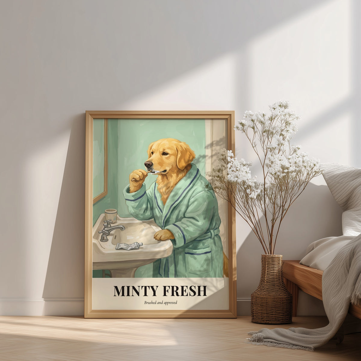 Poster of a golden retriever wearing a green bathrobe brushing teeth at a sink