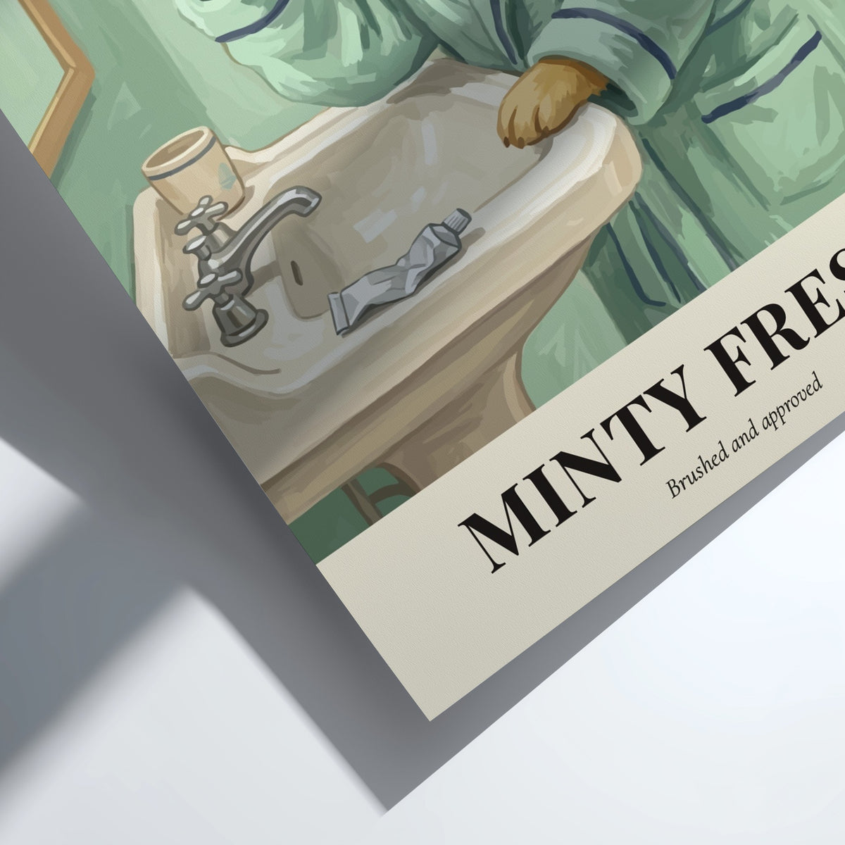 Poster of a golden retriever wearing a green bathrobe brushing teeth at a sink