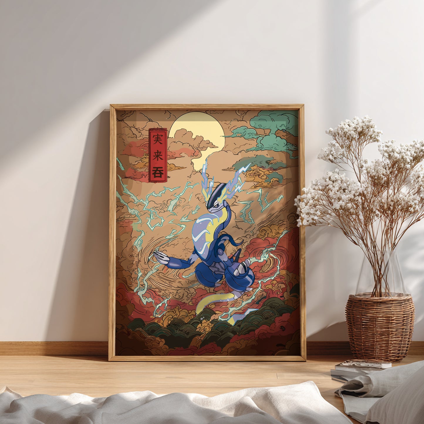 Framed artwork of Miraidon Pokemon on a wall in a room with a vase of flowers.
