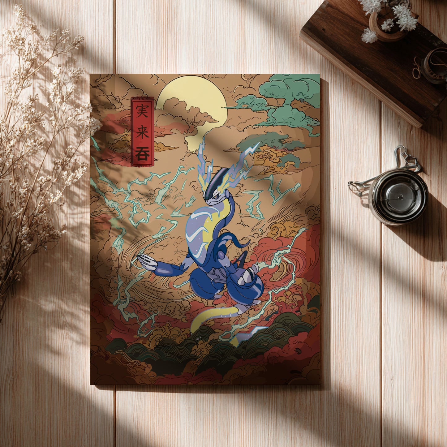 Decorative poster with Miraidon Pokemon design on a wooden surface