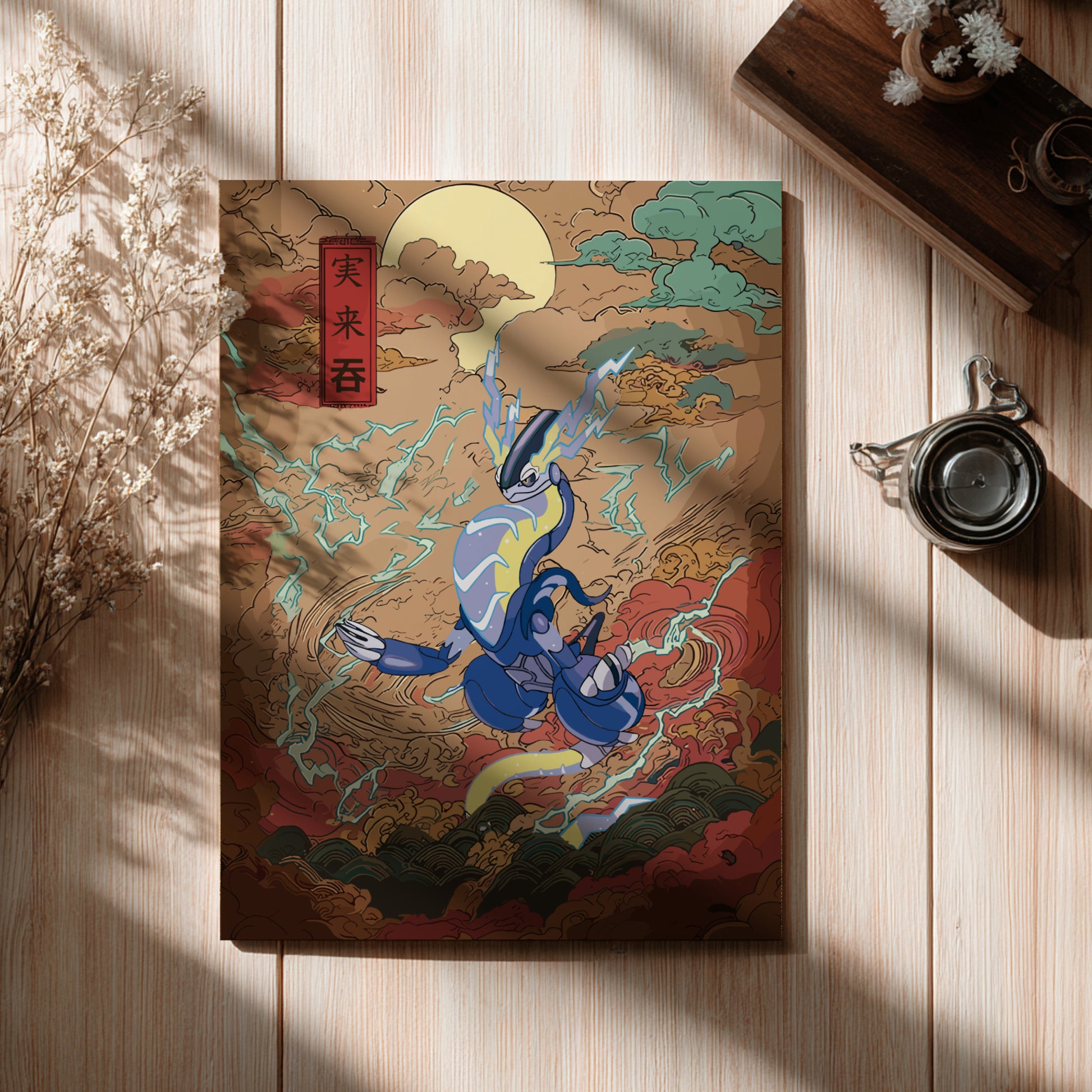 Decorative poster with Miraidon Pokemon design on a wooden surface